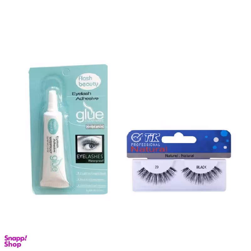 چسب مژه مصنوعی فلش بیوتی (Flash Beauty) مدل Adhesive وزن 7 گرم + مژه مصنوعی جفتی تیک با نخ نامریی شماره TIK 20 مجموعه 2 عددی