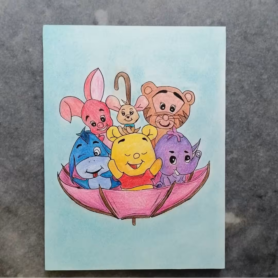 تابلو نقاشی کودک نقاشی دست مداد رنگی و پاستل طرح پو و دوستان