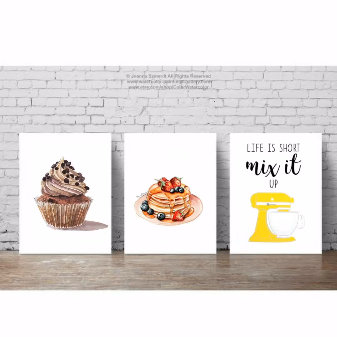 تابلوی  سه تیکه نقاشی فانتزی طرح پنکیک کاپ کیک و همزن ویژه کافه و جهیزیه 