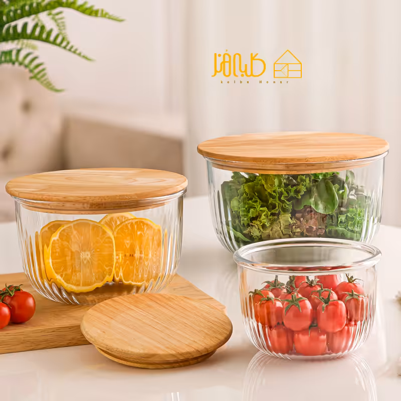 کاسه 3 سایز شیاردار درب چوبی لیمون