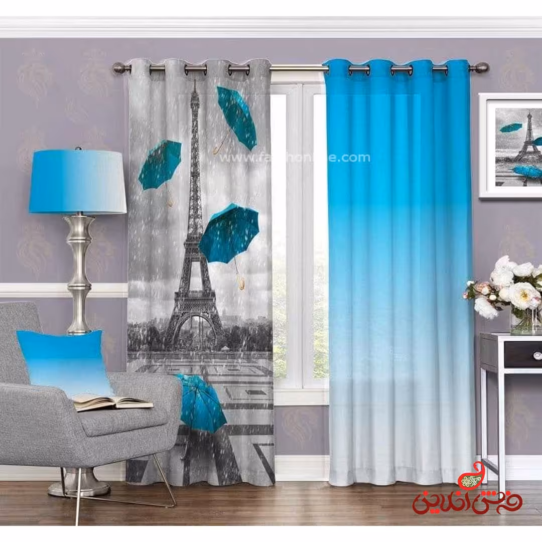 پرده طرح برج ایفل و چترهای آبی آسمانی کد 3425