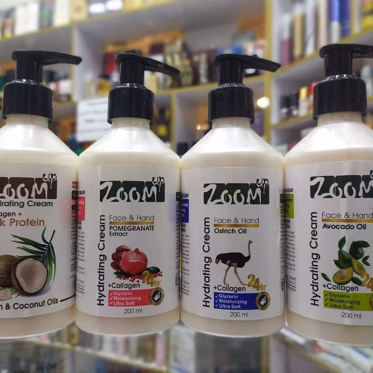 کرم مرطوب کننده و آبرسان پمپی دست وصورت  200 میل زوم آپ در4 رایحه روغن آووکادوشترمرغ نارگیل آرگان عصاره انار.ق هر عدد 70