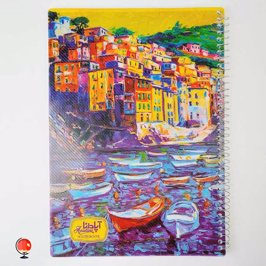 دفتر مشق 100 برگ سیمی طرح شهر آبرنگی جلد طلقی آپادانا