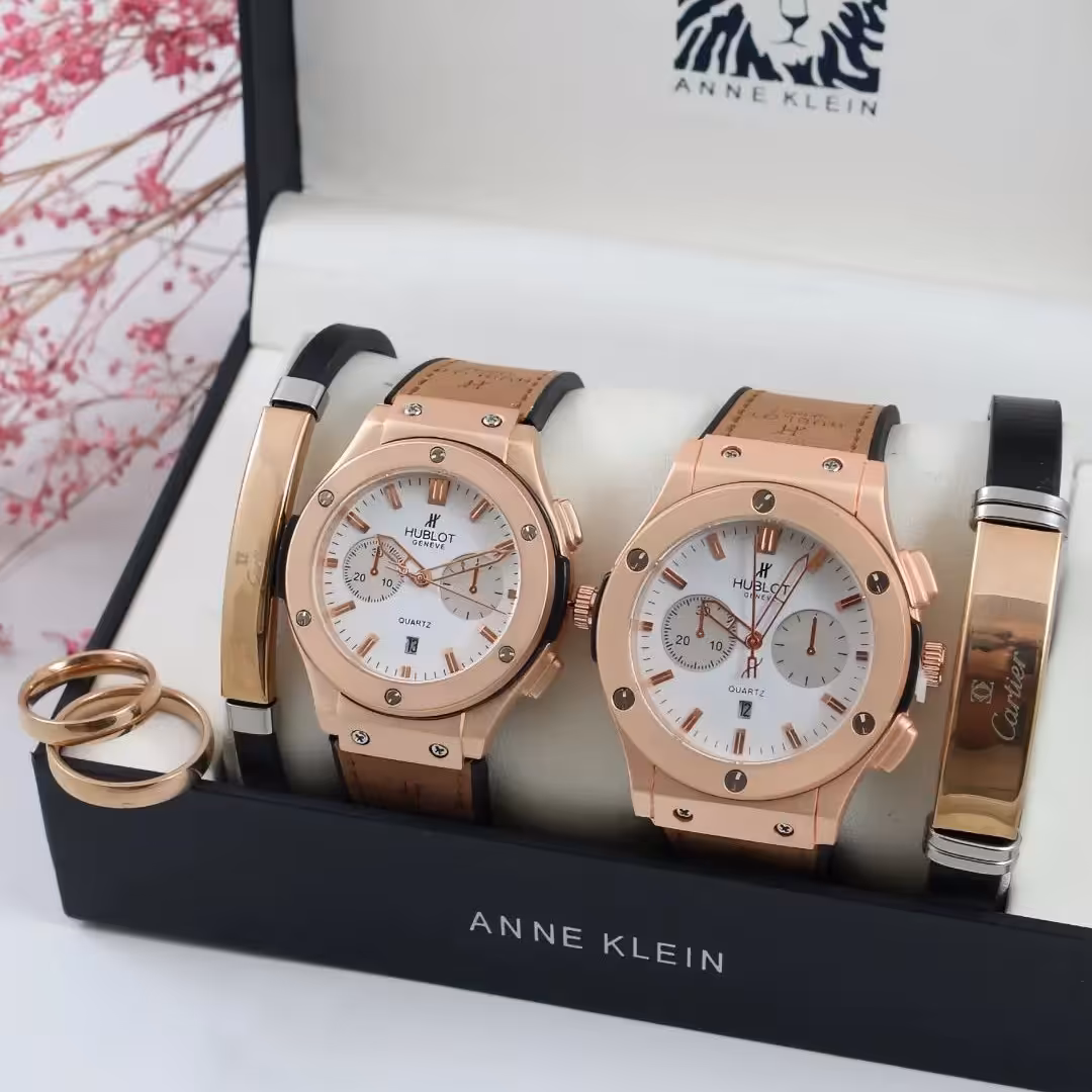 ساعت مچی ست مردانه و زنانه عقربه ای برند Hublot بند خوش رنگ چرمی صفحه نمایش معدنی 