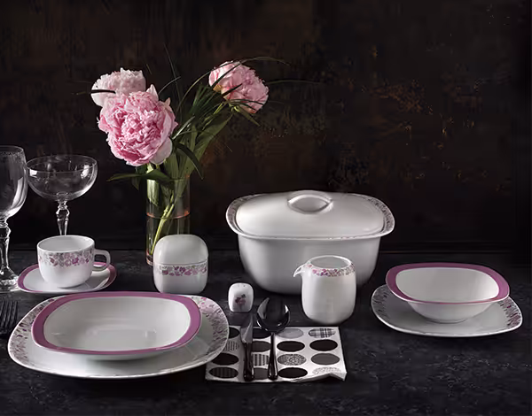 سرویس چینی زرین 12 نفره کامل ولوت صورتی (98 پارچه)