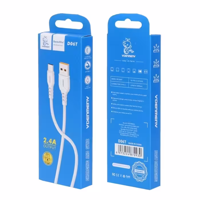 کابل شارژ فست denmen type.c  مدل D06T سفید