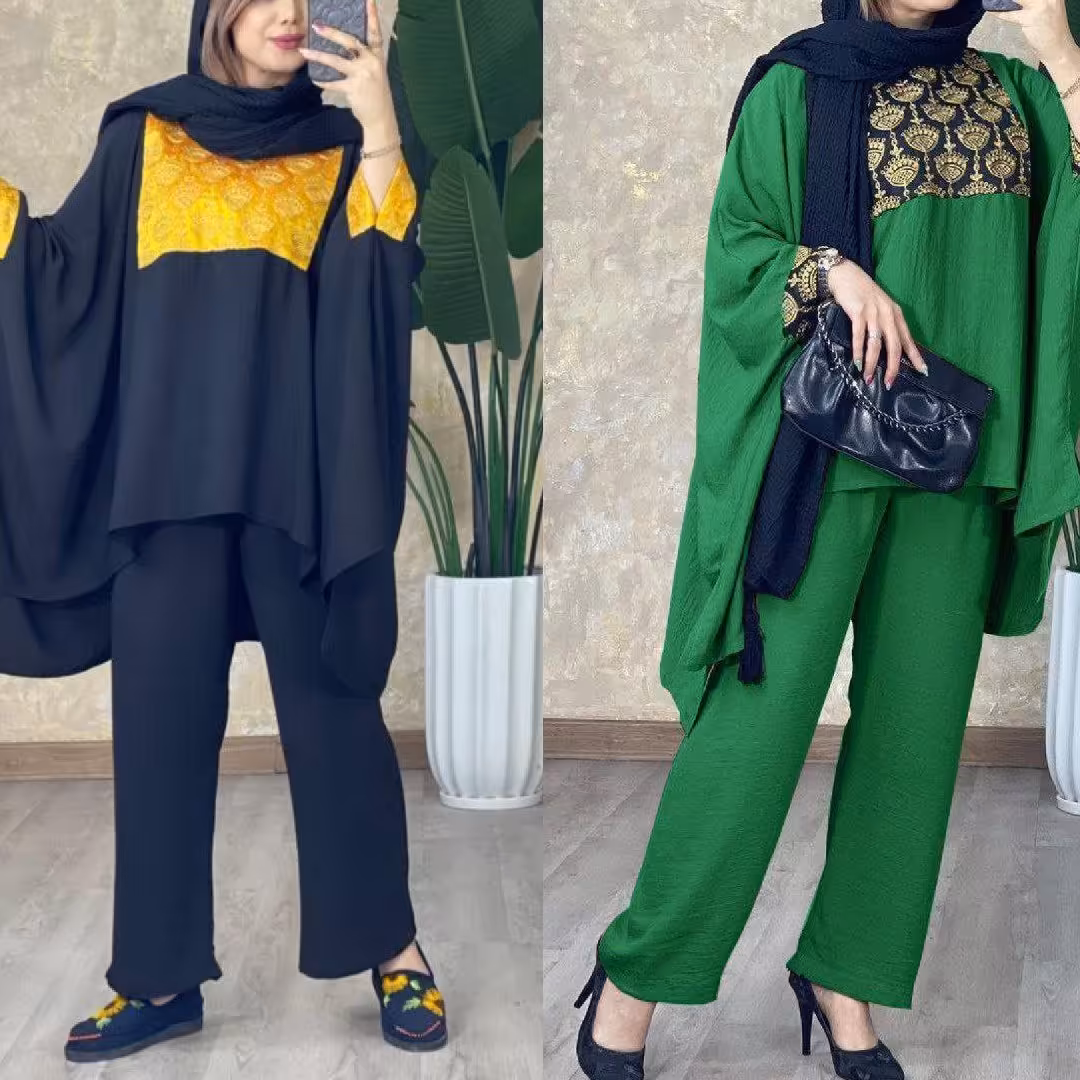 ست مانتو وشلوار زنانه ملکه  جنس  ابرو بادی گرم بالا رنگ بندی  مشکی  طلایی  تیره  سبز