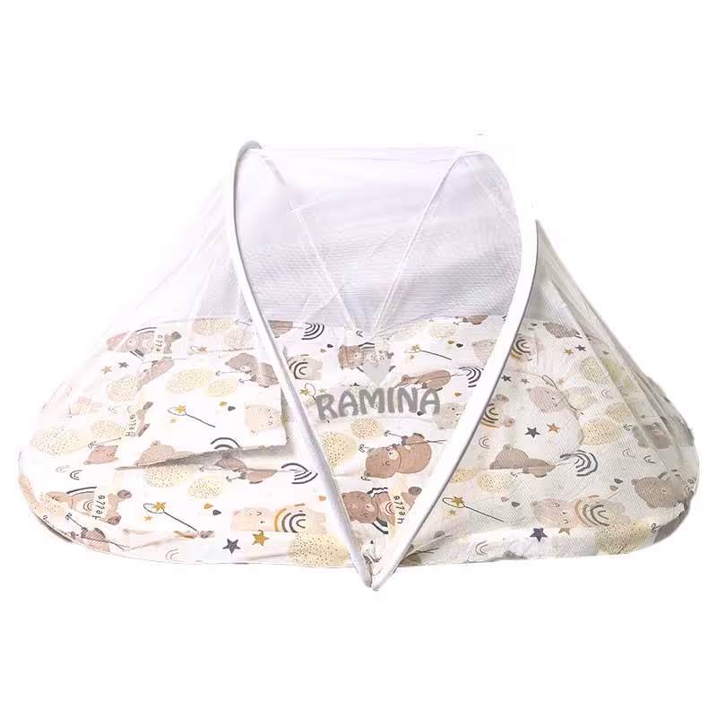 پشه بند فنری نوزاد با تشک و بالش نخی طرح خرس بیبی لایک Baby Like