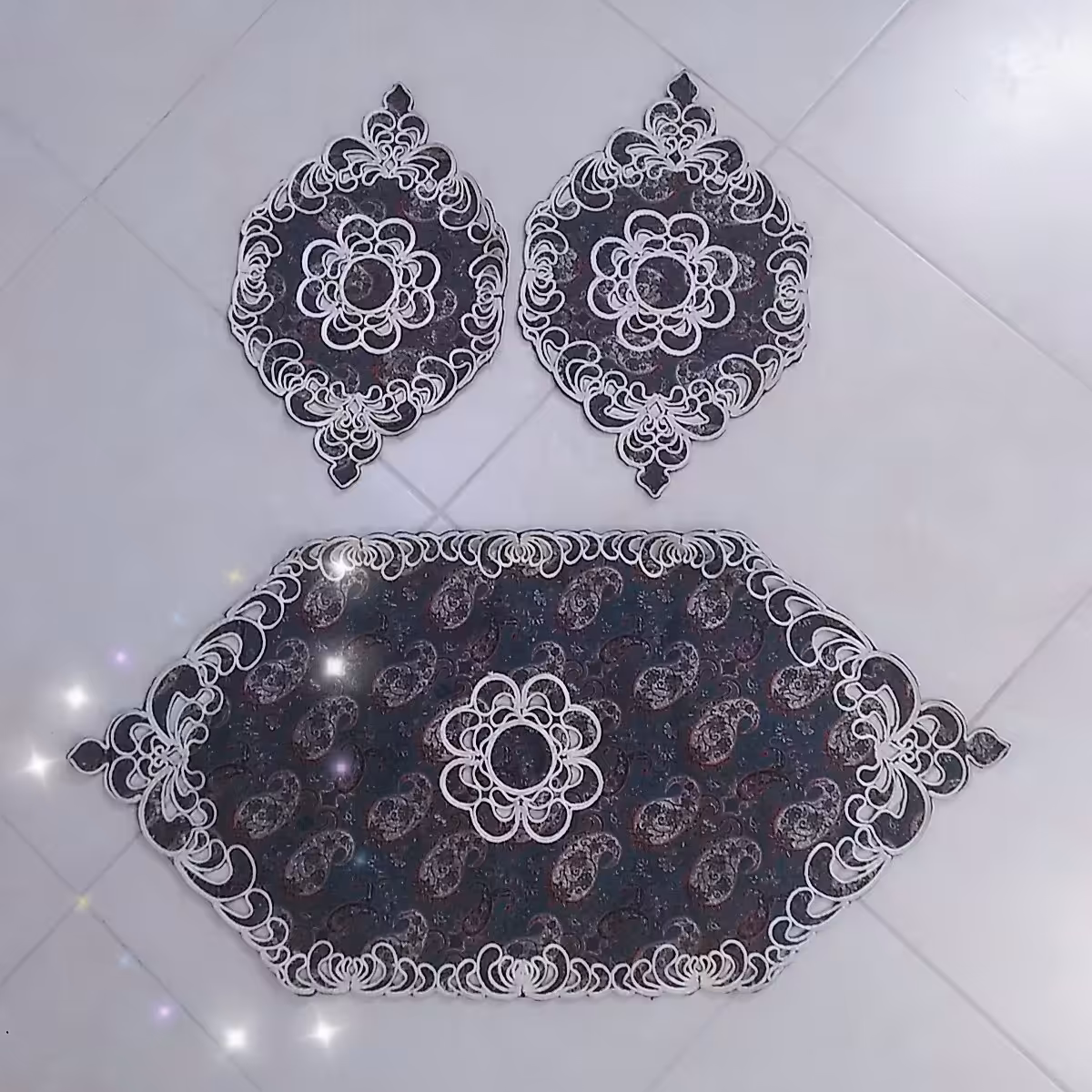 رومیزی ترمه سه تیکه آبی نفتی