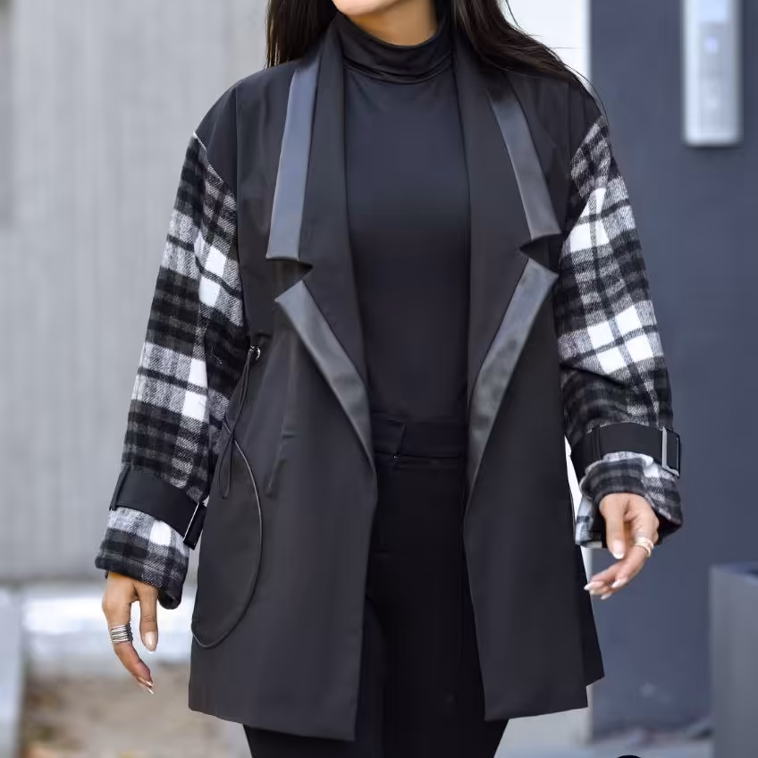 کاپشن بارانی مزونی زنانه جنس کتان زارا و فوتر چهارخونه درجه یک خرجکار چرم درجه یک داخل آستردوزی شده