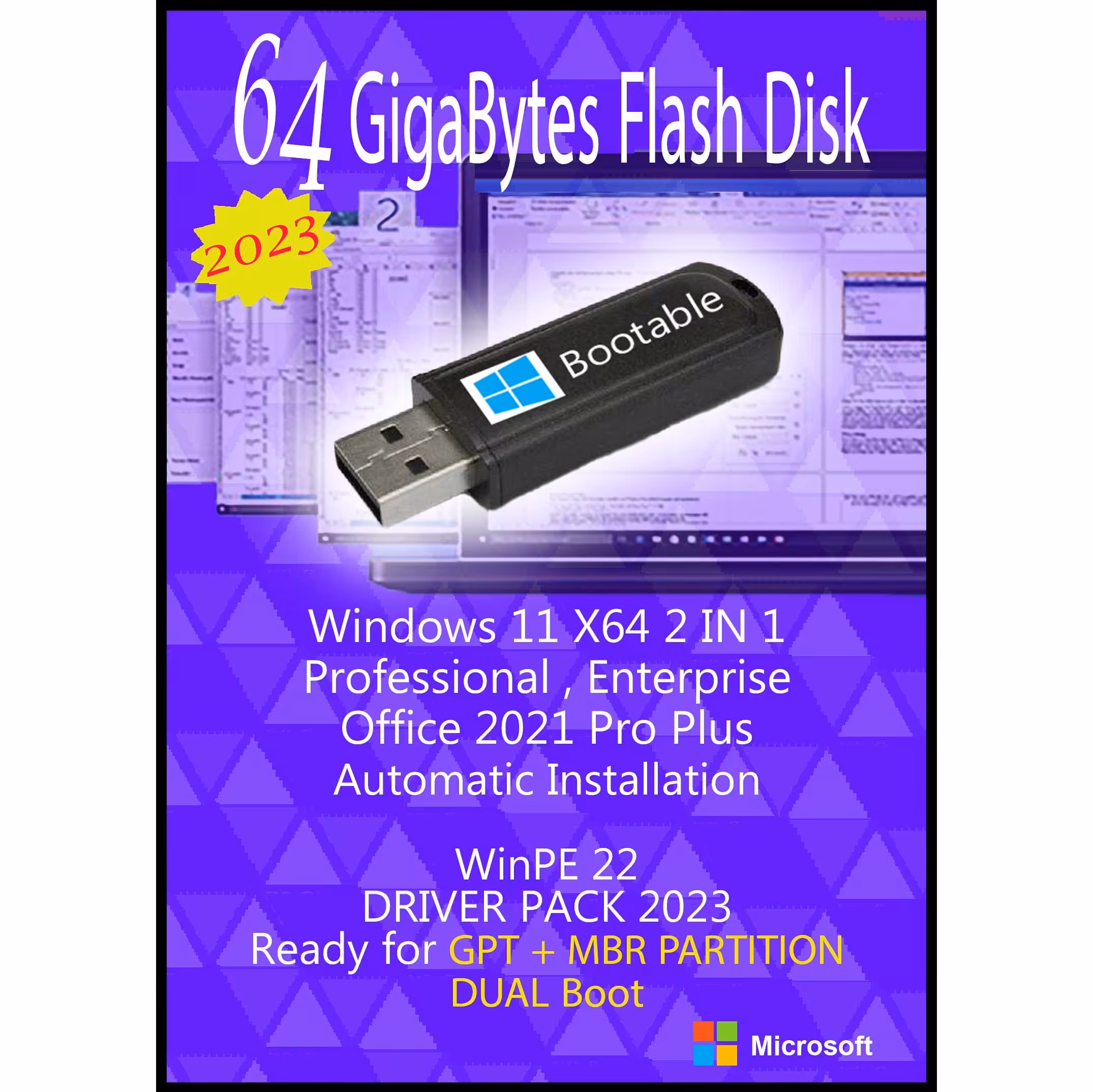 فلش بوتیبل دوگانه Windows 11 Pro. Ent. X64 - Office 2021 - Driver Pack 2023  