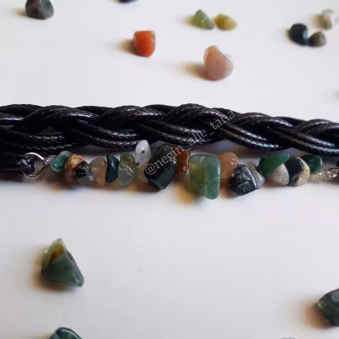 دستبند اسپرت سنگ طبیعی عقیق خزه ای ( زیورآلات ،  مردانه و زنانه ، صنایع دستی ) با بند حالت چرم و اتصالات استیل