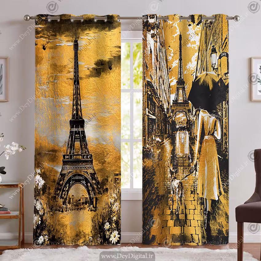 پرده مخمل پانچی طرح برج ایفل نقاشی رنگ زرد PK-5381