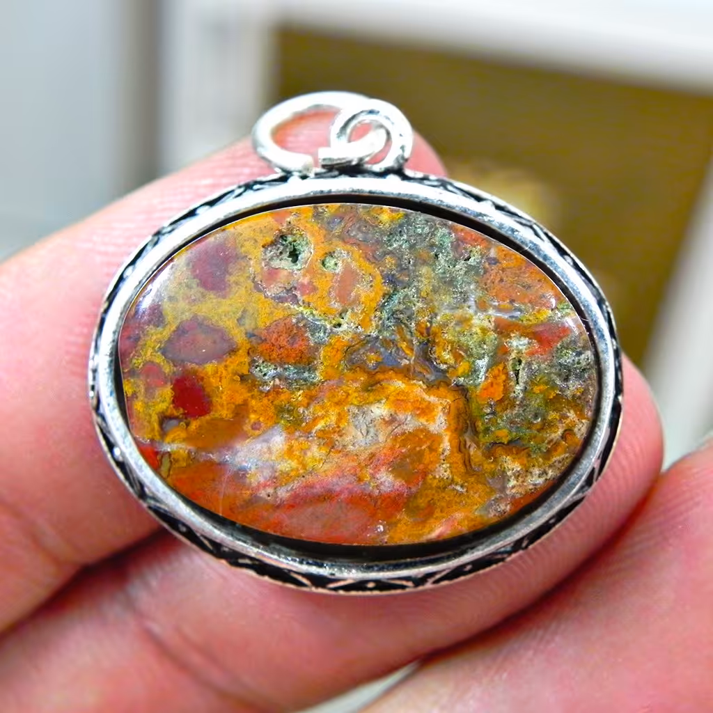 حراج گردنبند نگین عقیق منظره شجر دریایی پاییزی  تراش بیضی دامله مناسب اویز17