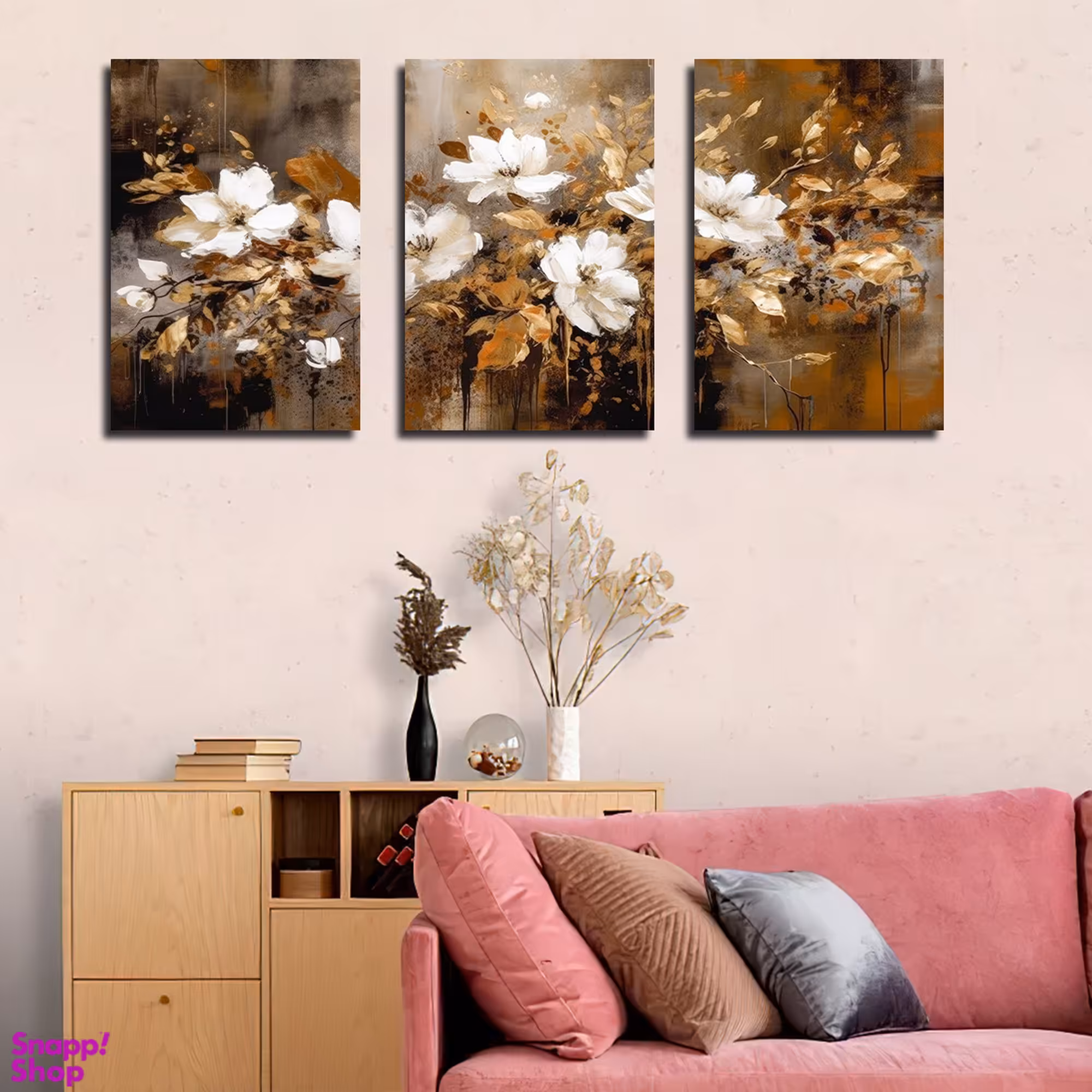 تابلو شاسی بکلیت طرح نقاشی مدرن رنگ روغن گل مدل SH-1582 مجموعه 3 عددی