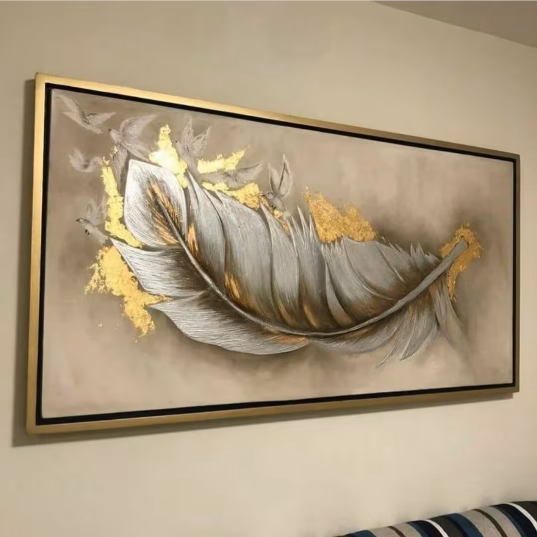 تابلو دست ساز پر برجسته  کارشده با  رنگ اکرولیک و تکسچر و ورق طلا  همراه با قاب