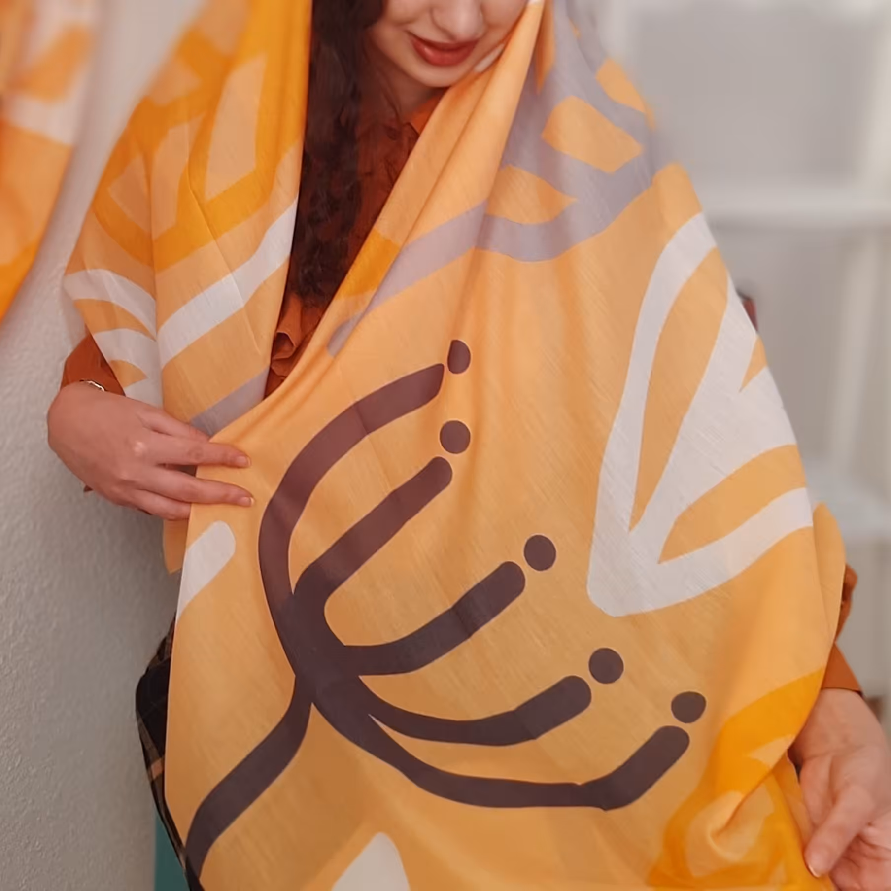 روسری نخی قواره دار 140 نخی اعلا تضمینی نارنجی طوسی