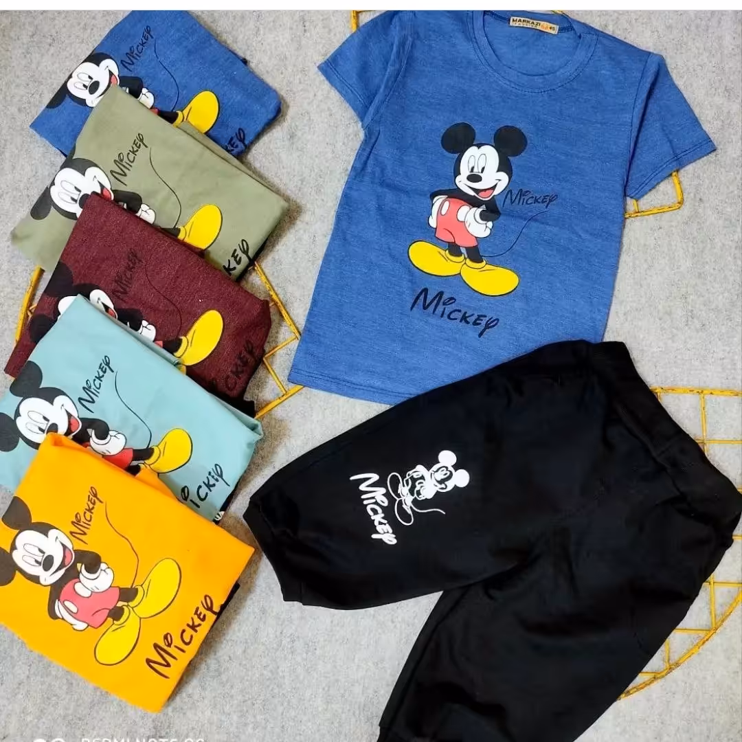 تیشرت شلوارک میکی.بچگانه.پسرانه.ملانژپنبه.دررنگبندی زیبا.35.40.45.50