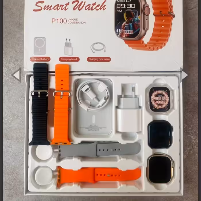 پک ساعت هوشمند p100 دارای دو عدد ساعت هوشمند چهارتا بند دوتا شارژر پاور بانک وایرلس و آداپتور  قیمت 1798000تومان