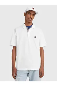 تی شرت یقه پولو سفید مردانه Monogram Placket Archive Polo اورجینال Tommy Hilfiger