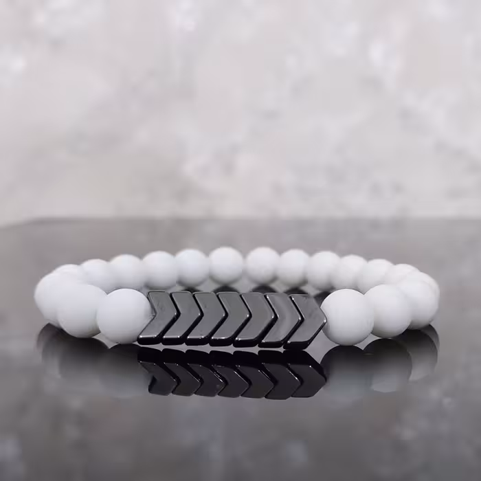 دستبند سنگ اونیکس سفید مات و سنگ هماتیت طبیعی مردانه و زنانه 