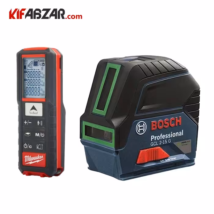 تراز لیزری دو خط نقطه زن نور سبز بوش + متر لیزری 50 متر میلواکی