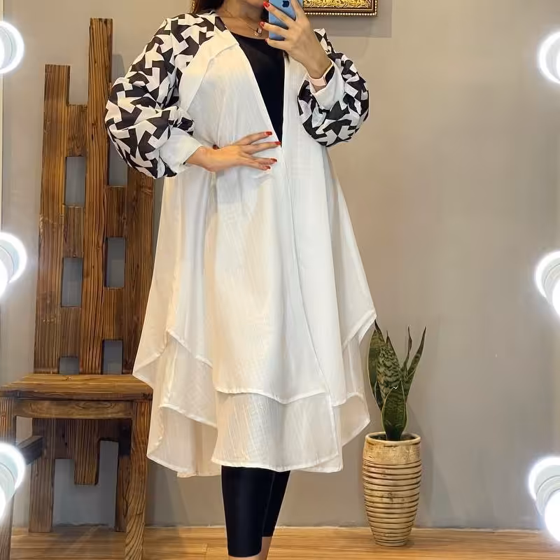 مانتو بلند آستین چاپی جنس نازلی درجه یک دوخت مزونی تک رنگ سفید