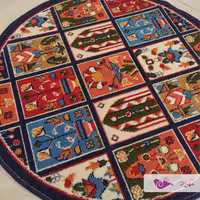 گلیم ماشینی هشتاد در هشتاد گرد طرح خشتی سرمه ای