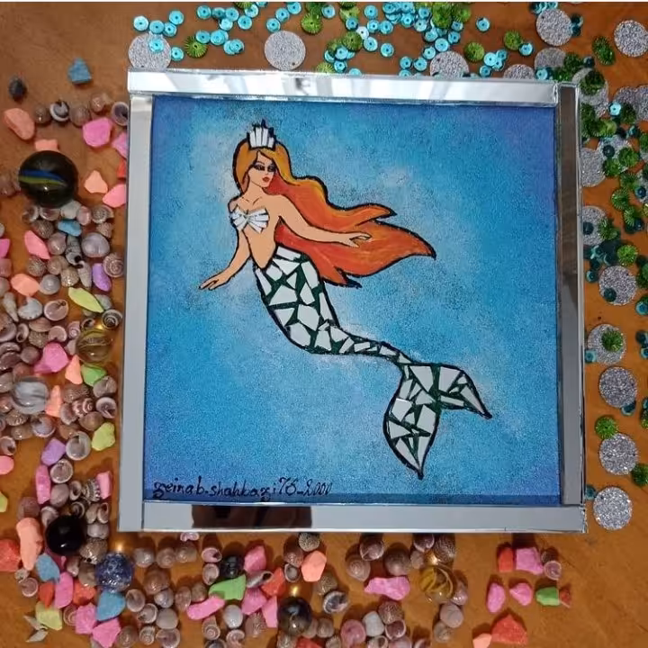 تابلو‌آینه‌کاری‌پری‌دریایی با تکه چسبانی آینه بروی چوب ابعاد20در20