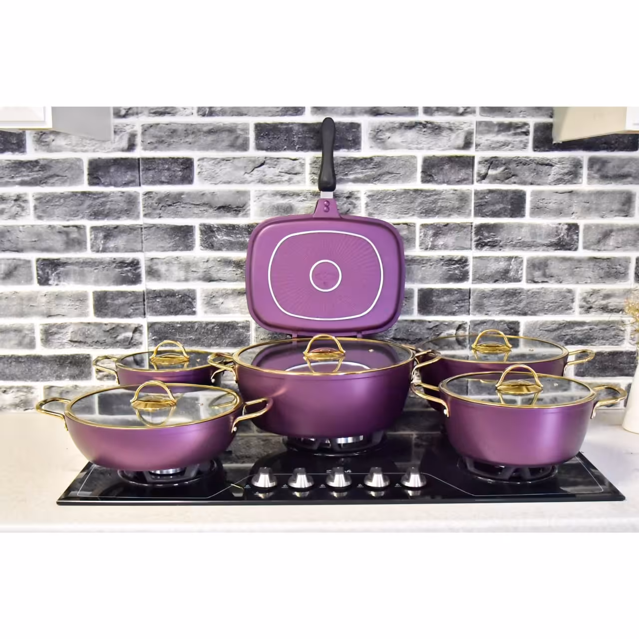 سرویس قابلمه 15 پارچه فلورا گرانیتی برند KZP رنگ بنفش یا بادمجونی 