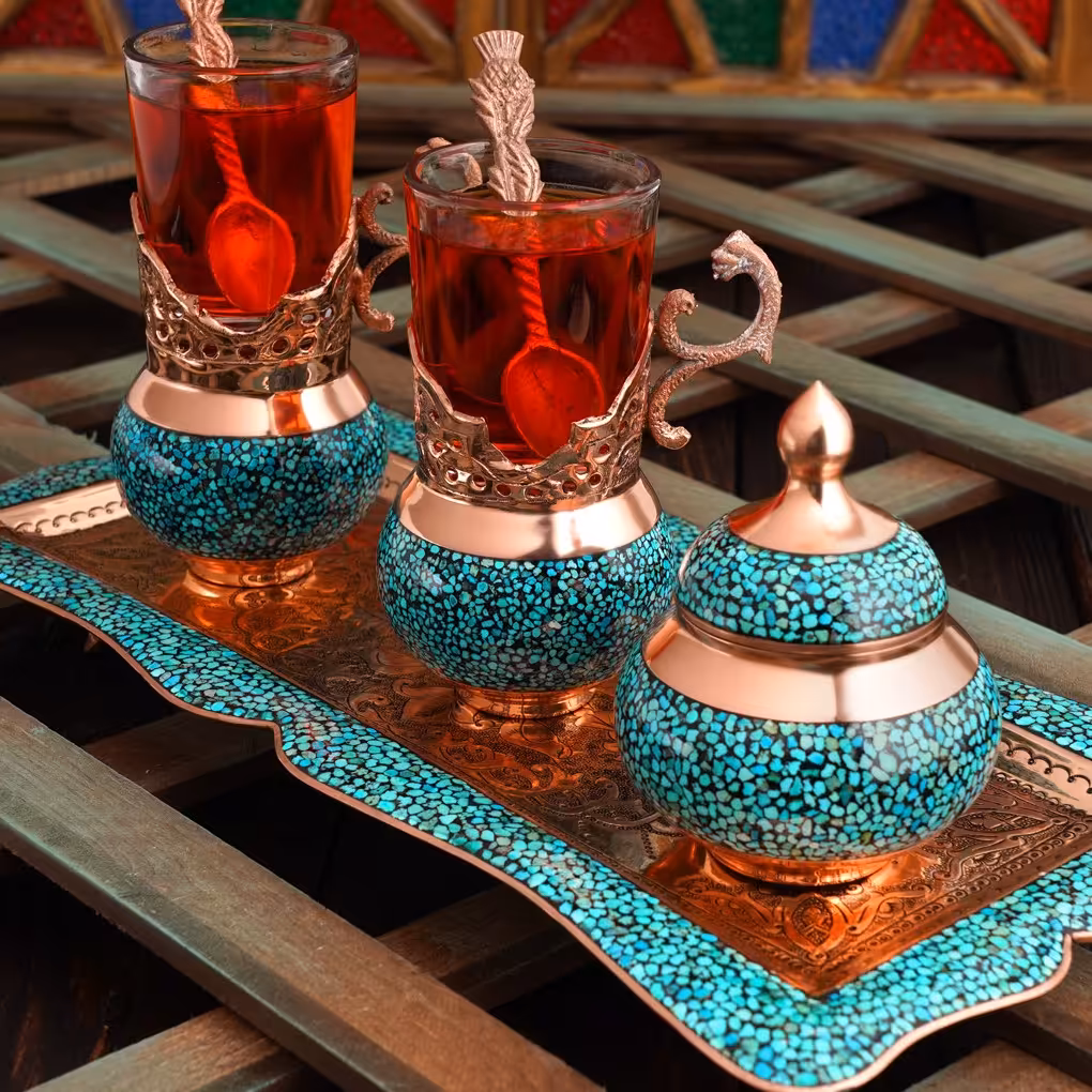 سرویس چای خوری مسی فیروزه کوبی 2نفره