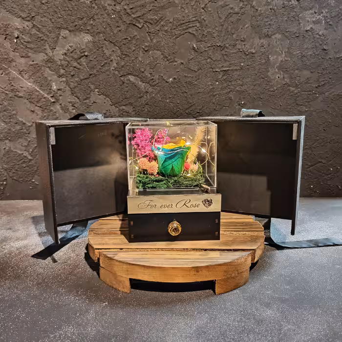گل رز جاودان هفت رنگ در باکس موزیکال با دیزاین داخلی و ریسه آفتابی 