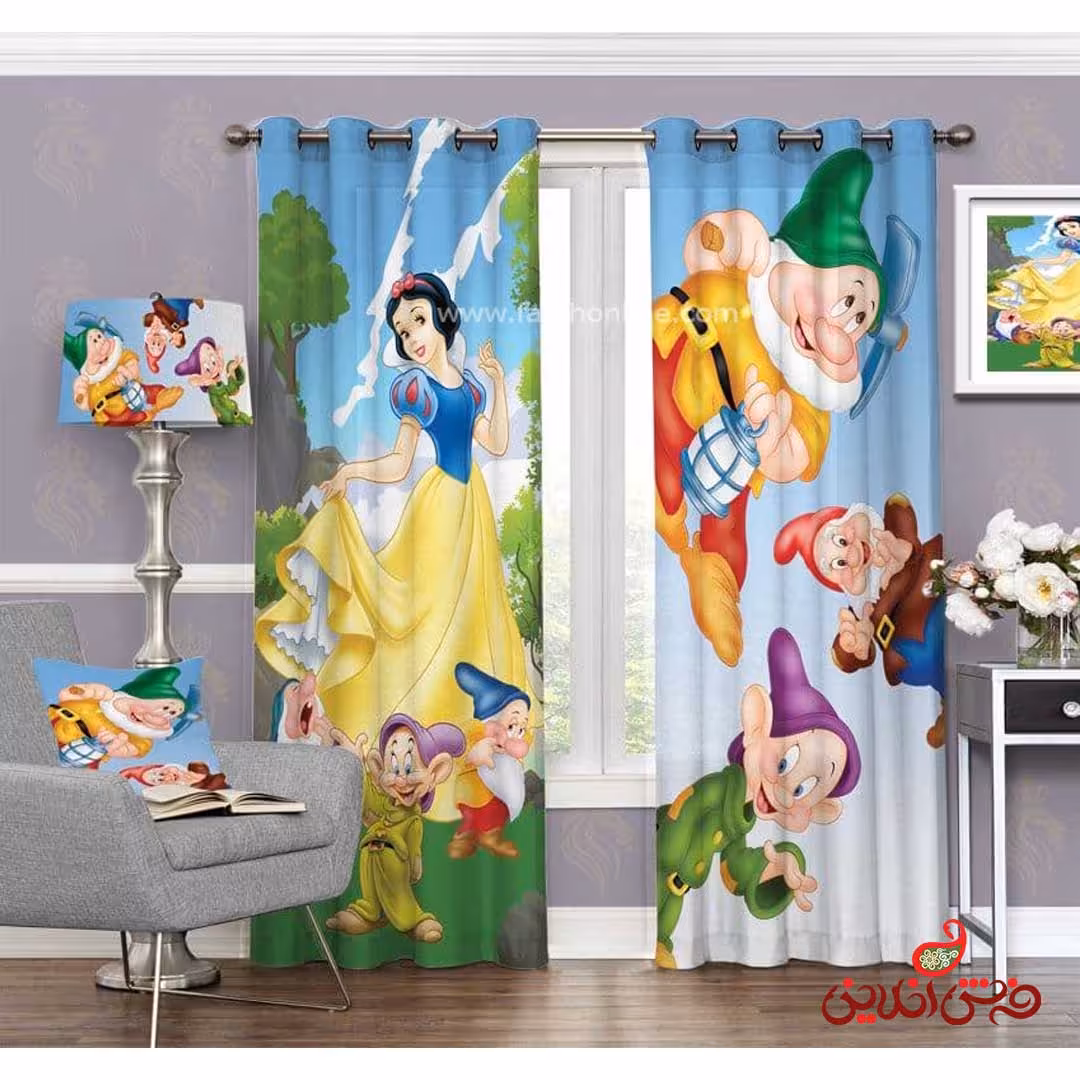 پرده 2عددی کودک طرح سفید برفی و هفت کوتوله کد 3676