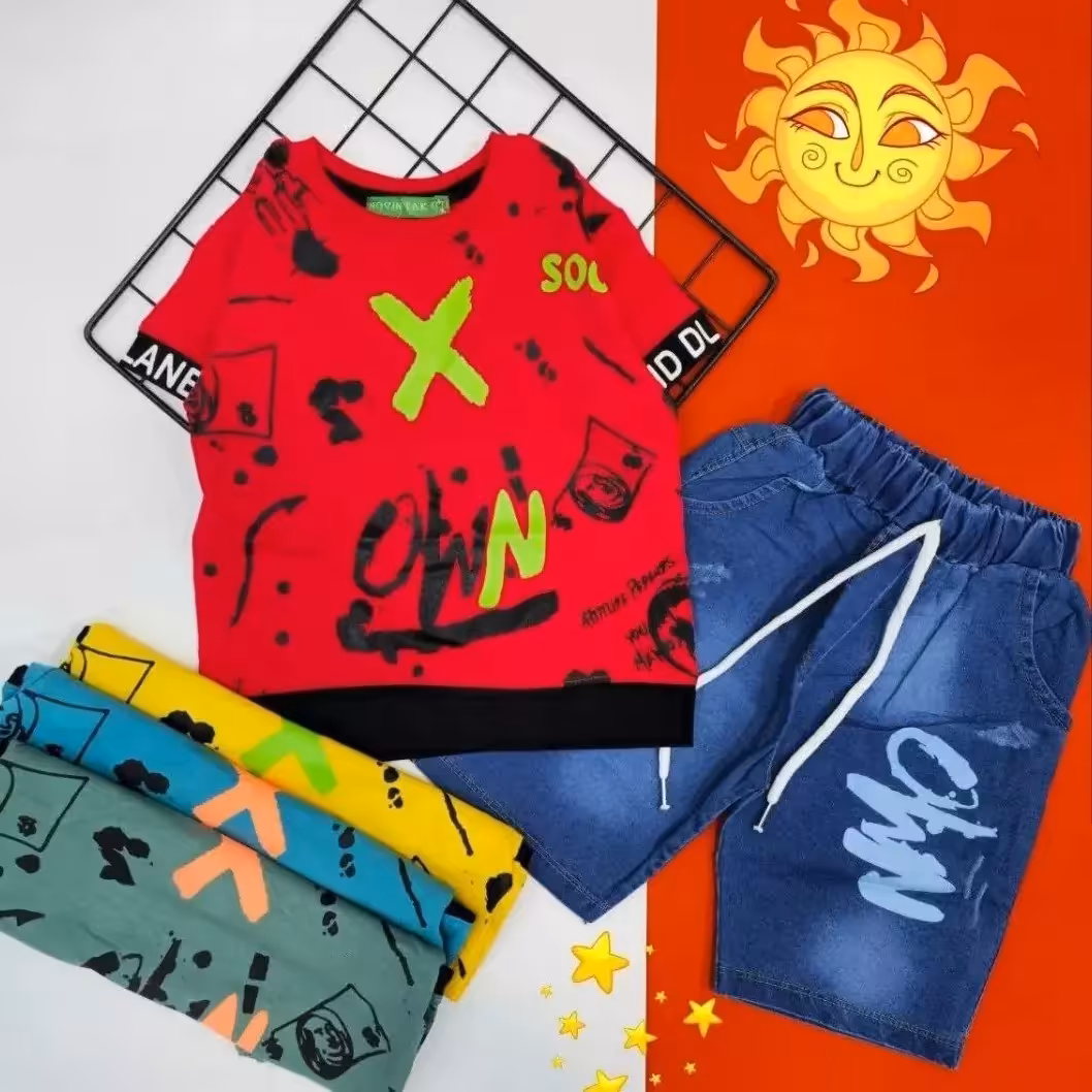 ست تیشرت شلوارک پسرانه جنس شلوار لی سایزبندی از 3 تا 4 سال و  8 تا 10سال