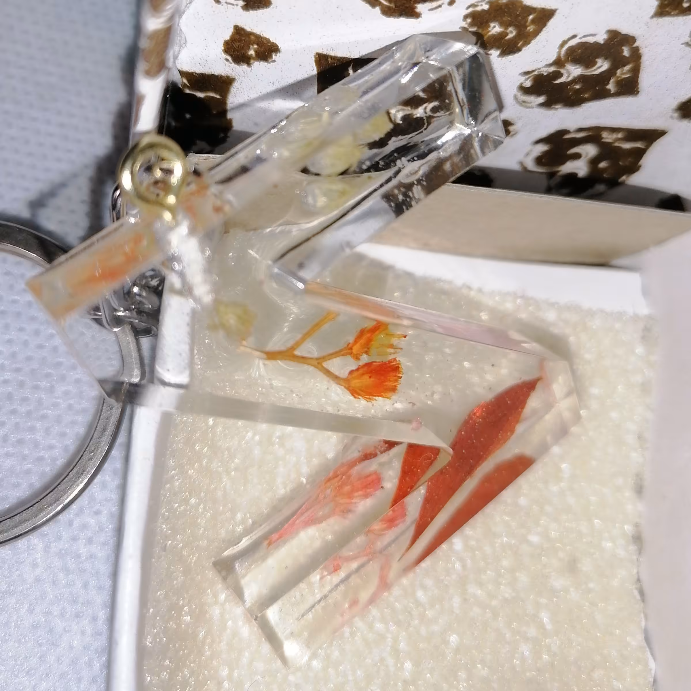 جاکلیدی رزینی شفاف حرف Z با چند تکه گل ریز داخل آن