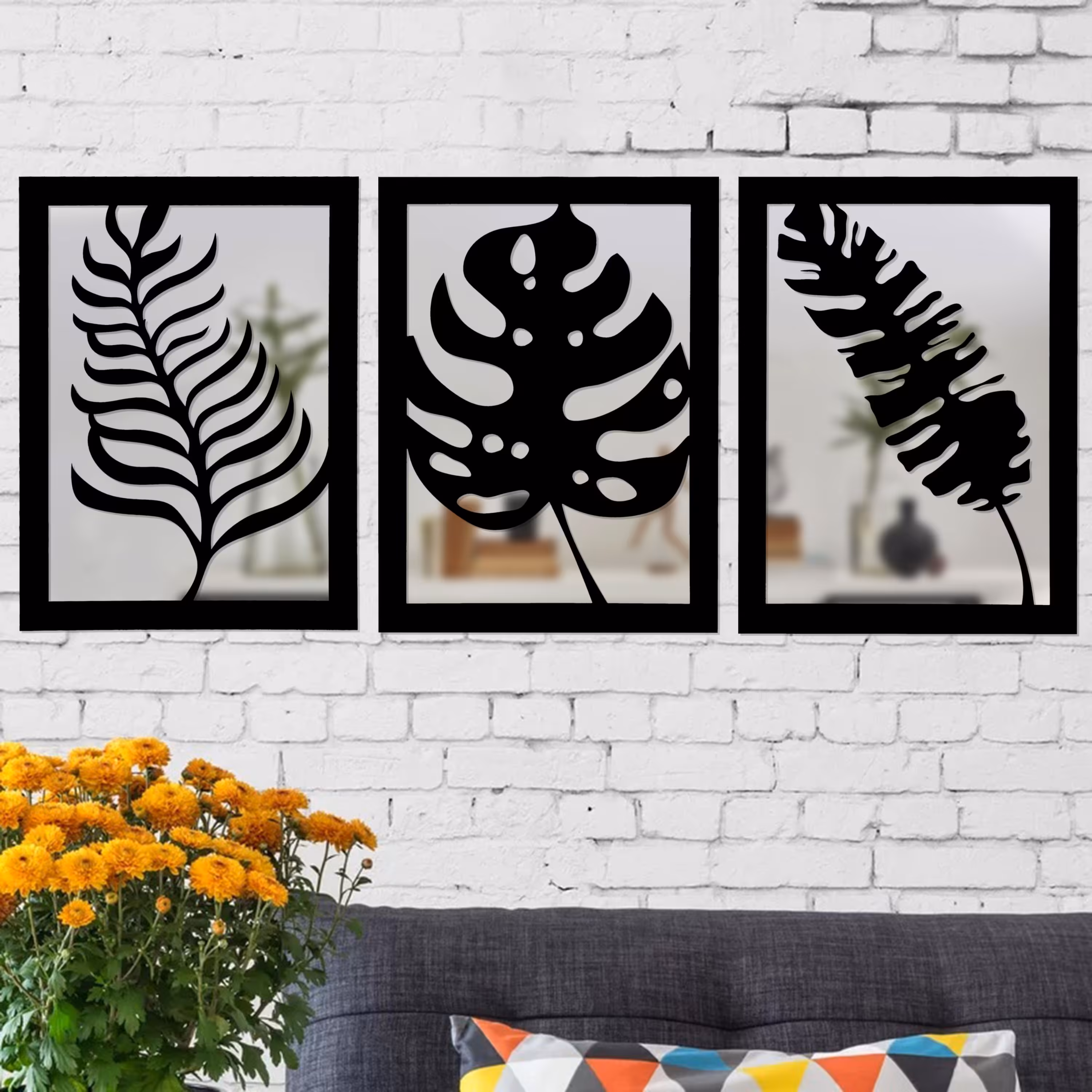 تابلو آینه الف طرح برگ کد S-123 مجموعه 3 عددی