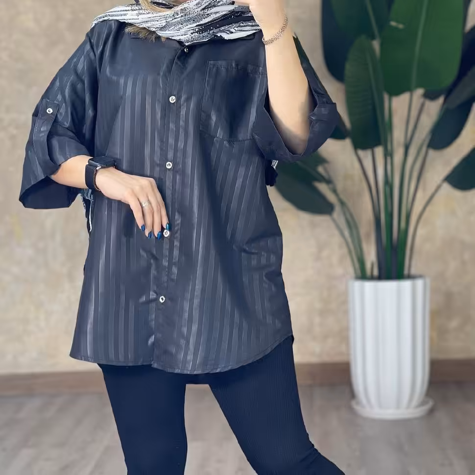شومیزمانتویی داکرون نخ زنانه مانتو داکرون مشکی دخترانه شومیز مانتویی جلو دکمه دار خنک تابستانی پانچ داکرون خطی