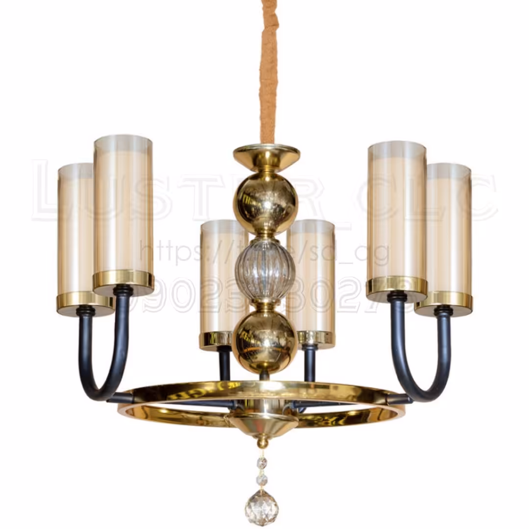 لوستر مشکی طلایی سالن پذیرایی اتاق آشپزخانه پروفیلی فلزی ارزان مدرن جدید آبکاری فورتیک و استاتیک باضمانت 6 شعله کدM8143