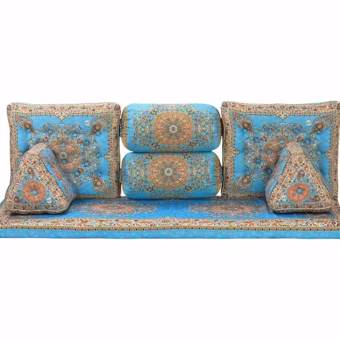 سرویس پشتی ترمه شاه نشین 7 تیکه مدل سلطنتی رنگ فیروزه ای 