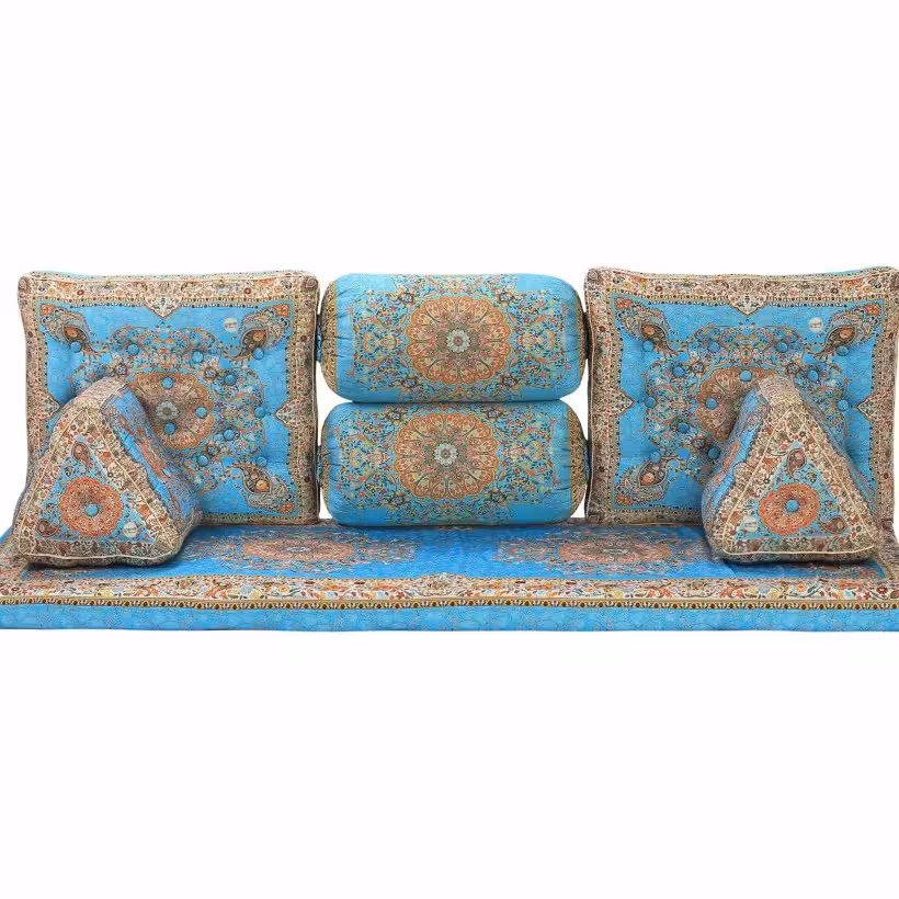 سرویس پشتی ترمه شاه نشین 7 تیکه مدل سلطنتی رنگ فیروزه ای 