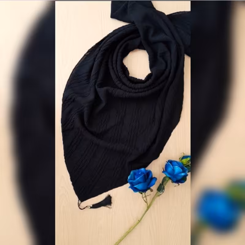 روسری حریر کرپ مشکی، مشکی اعلا و با کیفیت، پلیسه منگوله دار، قواره 140