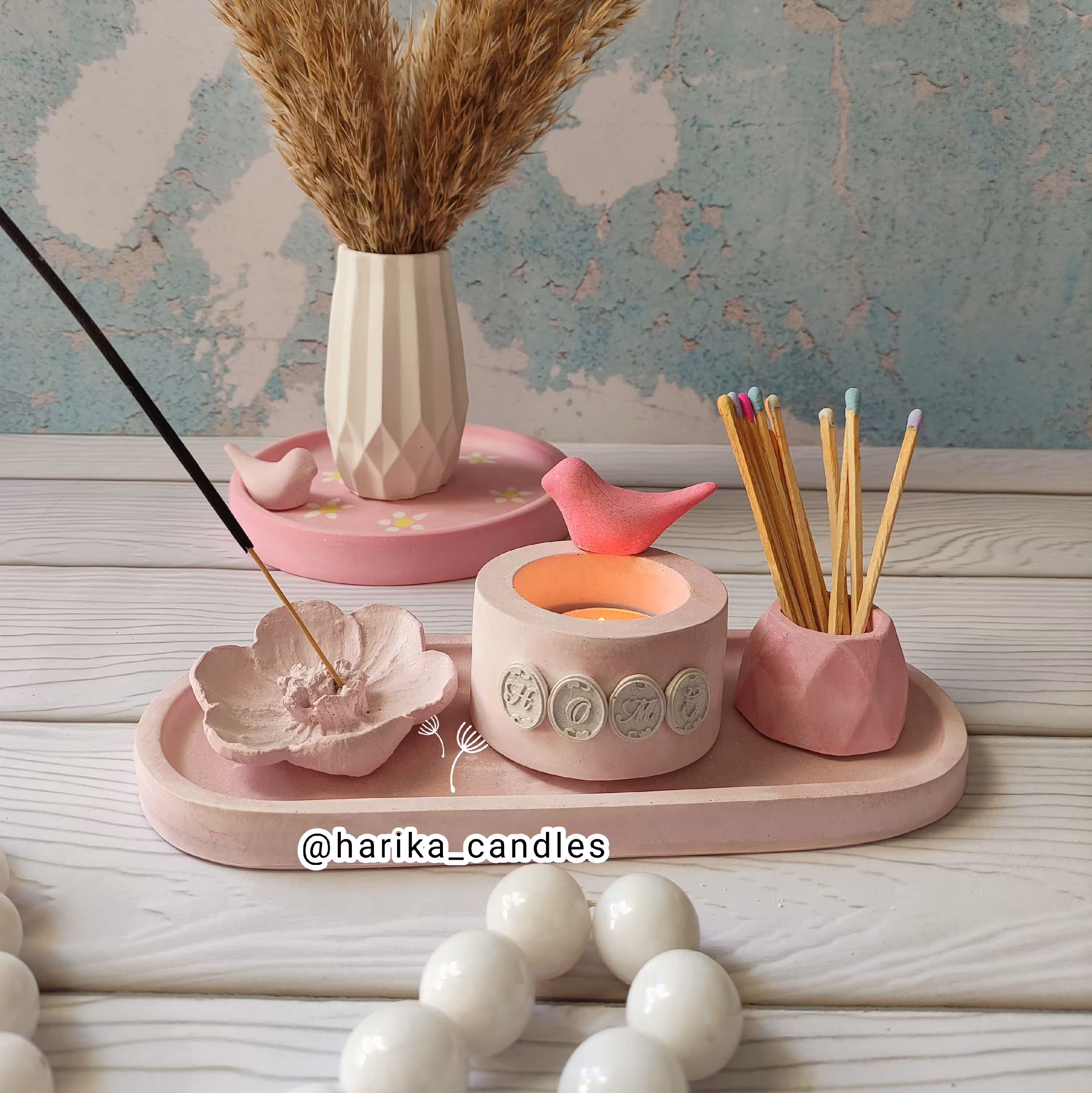 شمع ست صورتی و سینی