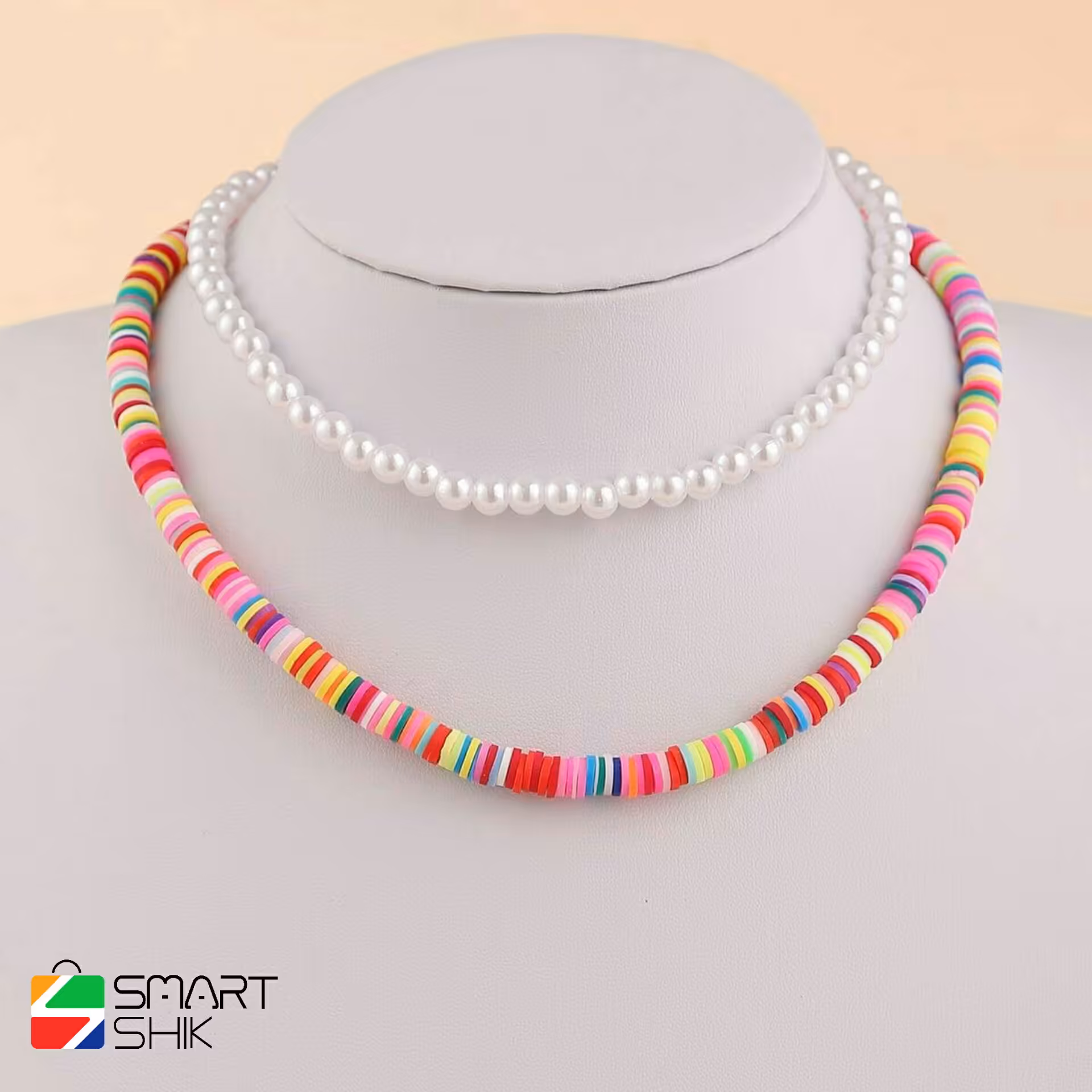 گردنبند دو رج زنانه ساخته شده از مروارید شل و مهره رنگی فیمویی
