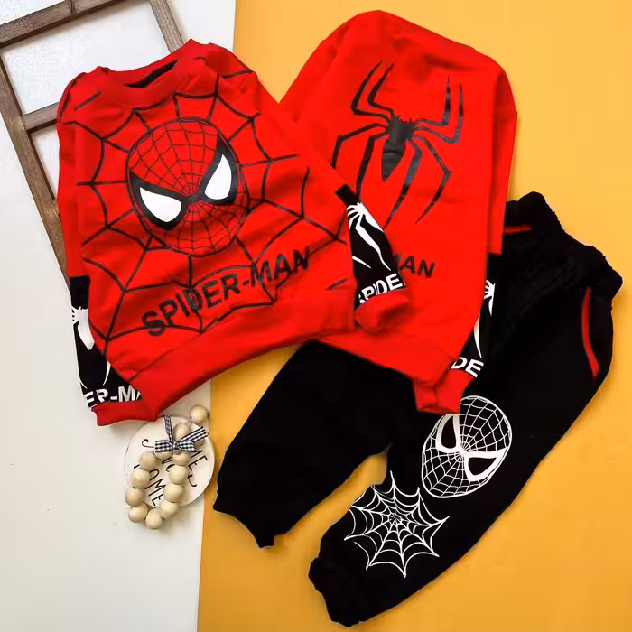 ست بلوز و شلوار اسپرت طرح اسپایدرمن دخترانه و پسرانه قرمز نخ پنبه لاکرا