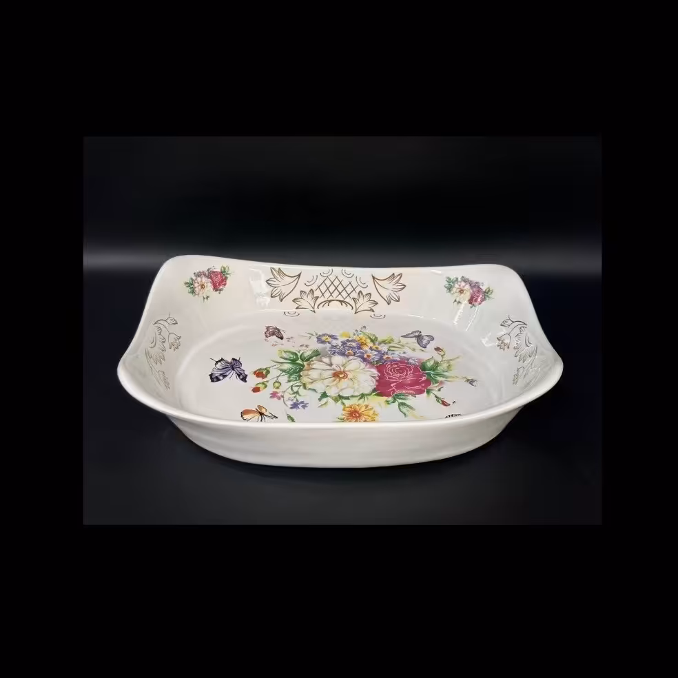 کشکول قایقی گل سرخی کیفیت عالی و شیک مناسب سرو و پذیرایی جنس سرامیک رنگ گل کوره ای و ثابت