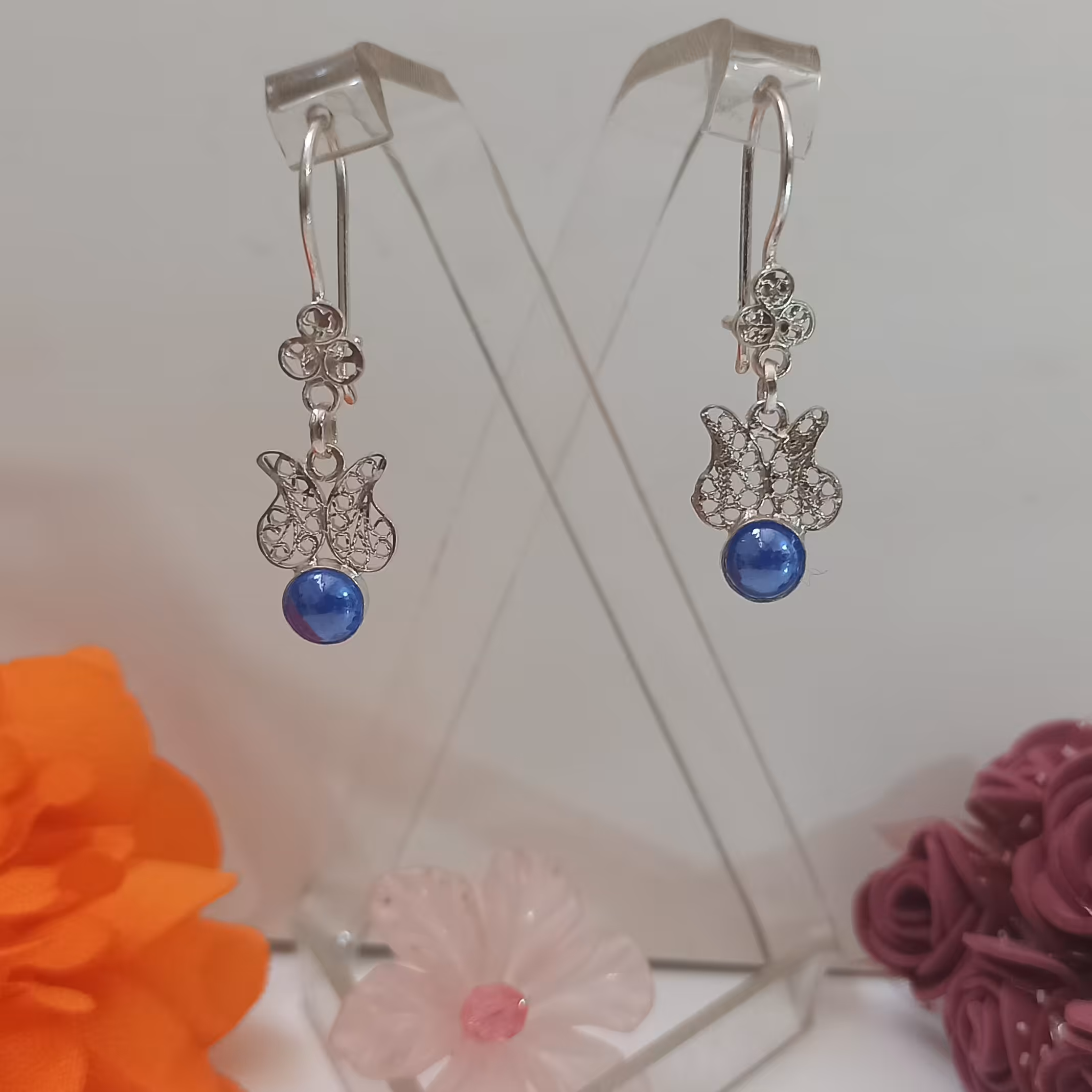 گوشواره نقره ملیله کاری اصفهان کد 488 آویز لاله نگین آبی
