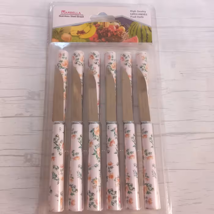 چاقو میوه خوری ماربلا 12 عددی طرح سرامیکی تیغه استیل دسته پلاستیک فشرده وارداتی برزیل (کارد میوه خوری ) دسته لوله ای 