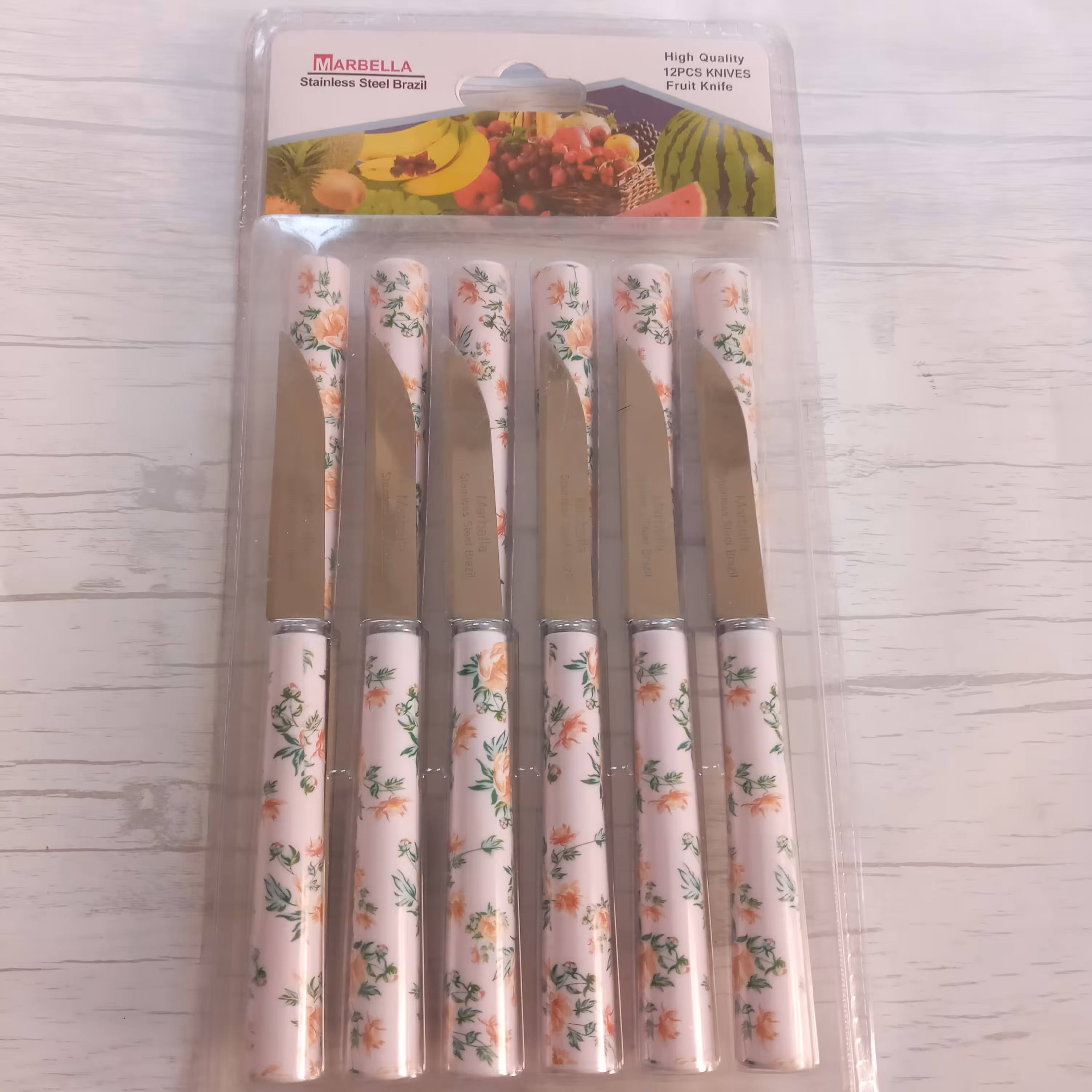 چاقو میوه خوری ماربلا 12 عددی طرح سرامیکی تیغه استیل دسته پلاستیک فشرده وارداتی برزیل (کارد میوه خوری ) دسته لوله ای 
