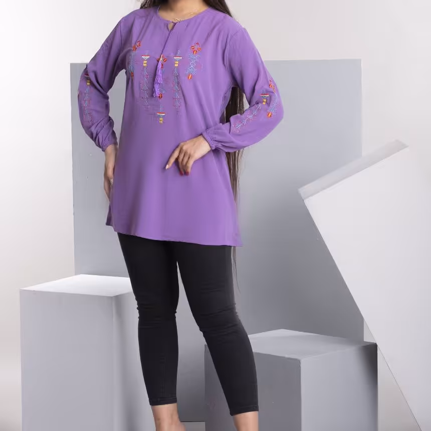 تونیک زنانه ابروبادی گرم بالا یقه و آستین گلدوزی شده سایز فری مناسب تا 48