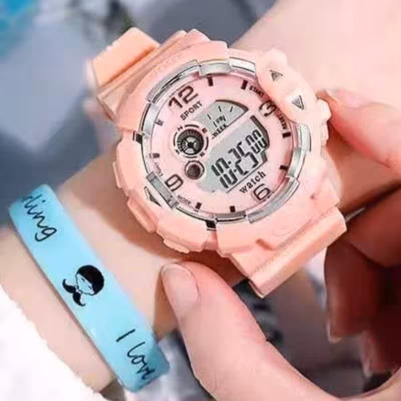 ساعت اسپرت دیجیتالی الارم دار کرنومتر دار رنگ گلبهی کد 1542